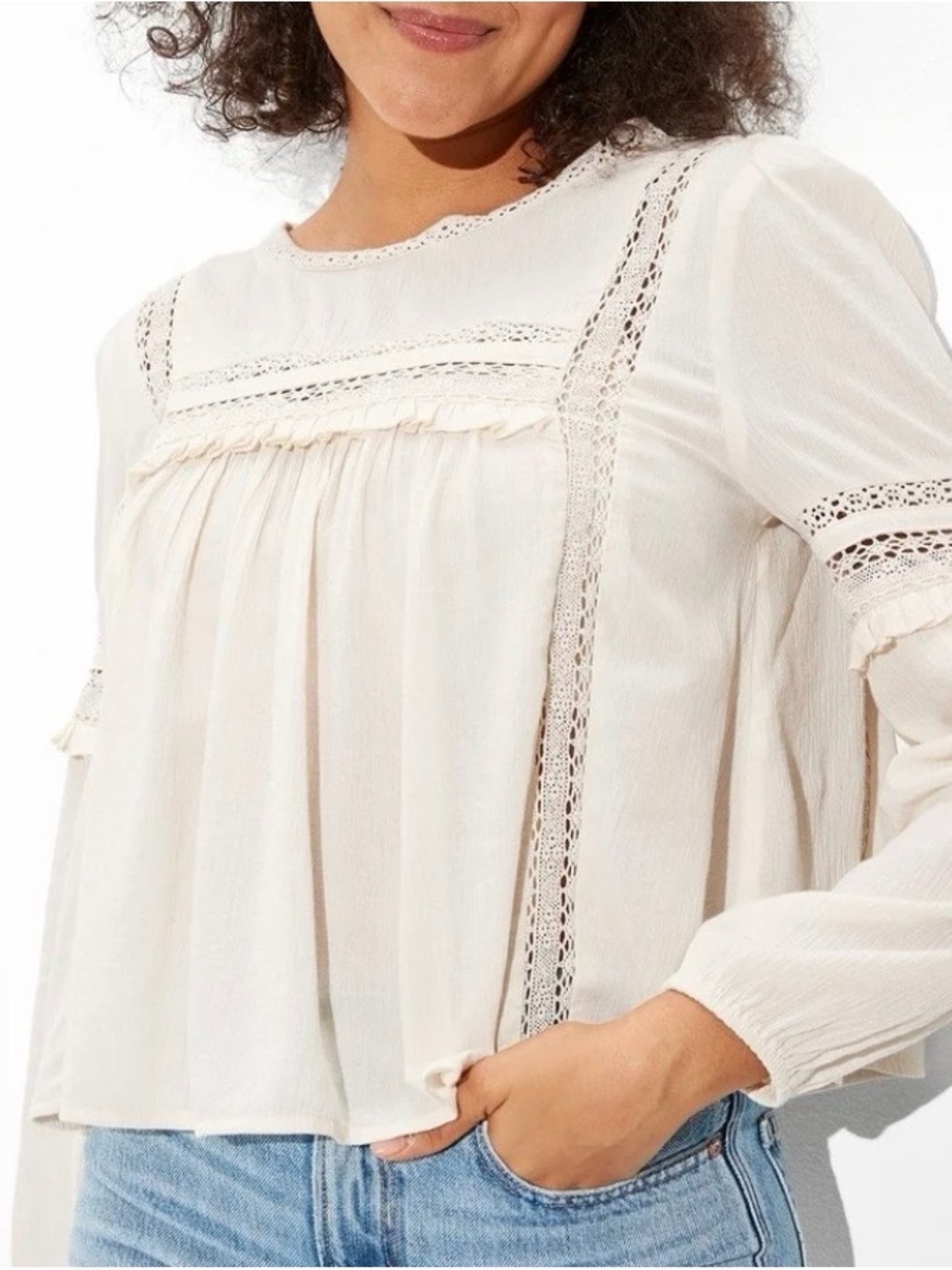 American Eagle Boho Lace Trim Ivory Peasant Blouse